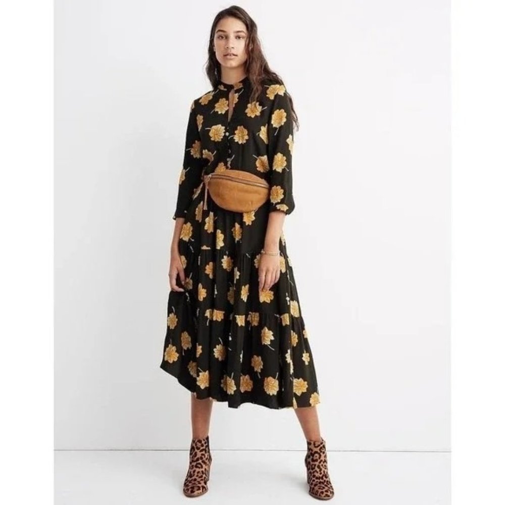 NEW Madewell Button-Front Tier Dress Fall Flowers Long Sleeve Floral Midi - Picture 1 of 10